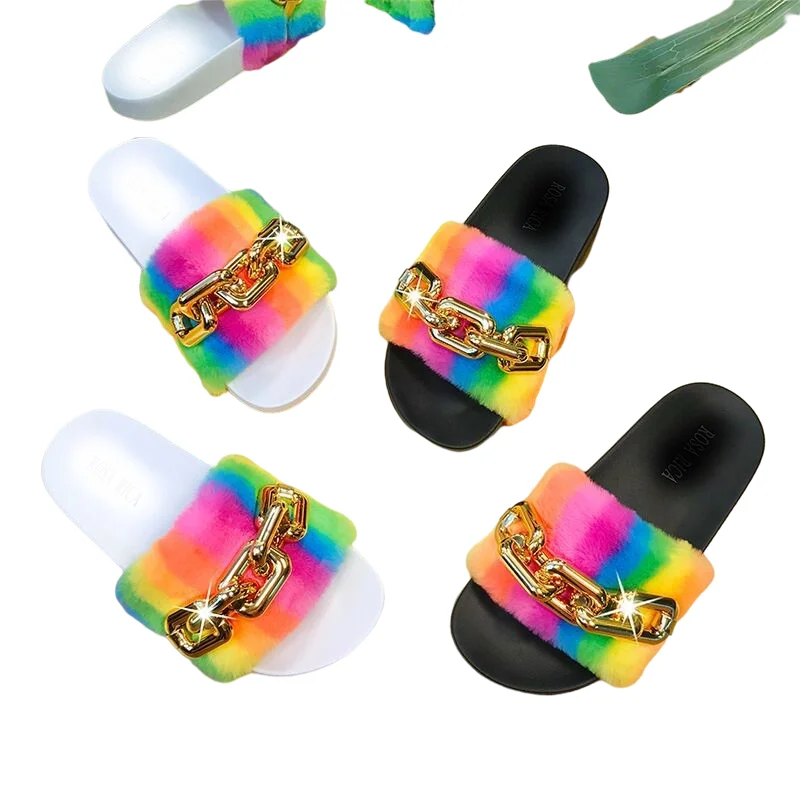 

Pvc Sole Rainbow Faux Fur Upper With Chain Decorated Slippers Woman Sandals New Arrivals 2021