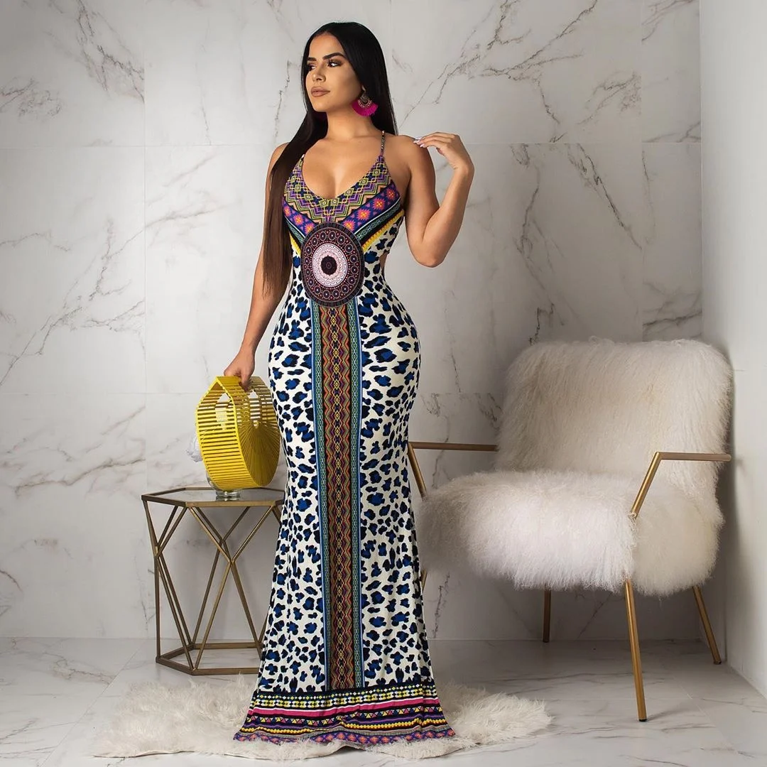 

Printed suspender good quality and cheap wholesale long dress women sexy, Brown/blue