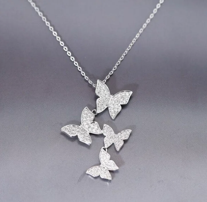 

925 Sterling Silver womens rhinestone ins cute gift jewelry four butterfly diamond necklace