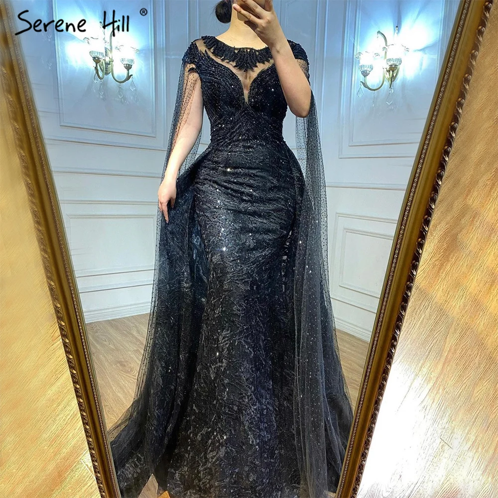 

Black Lace Beaded Cape Sleeves A Line Evening Gowns 2021 Serene Hill LA71173 Luxury Party Long Dresses Mother of the Bride