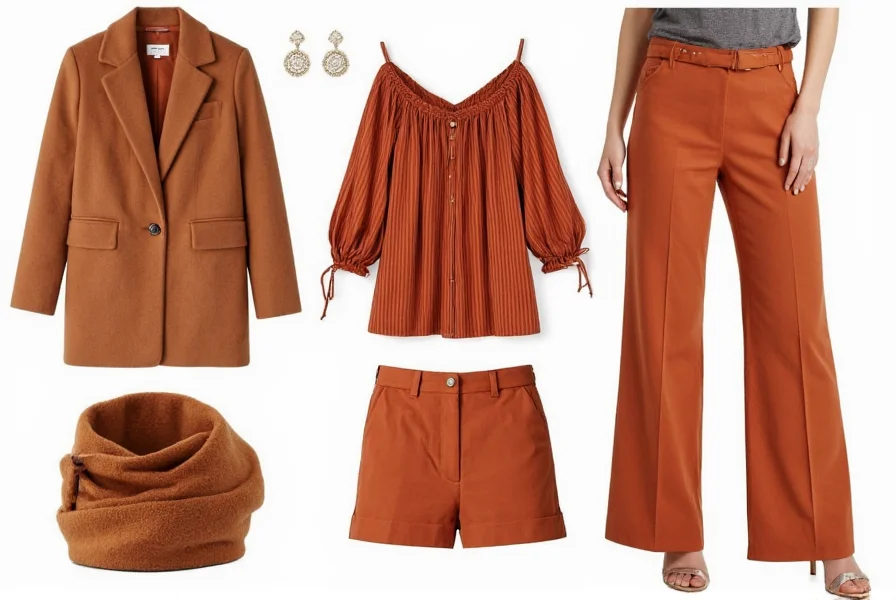 Woman with fair skin wearing pale ginger sweater with cream trousers and brown leather accessories demonstrating ginger spice outfits for fair skin tones