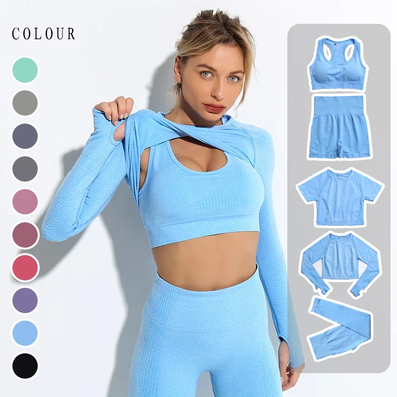 

2022 Custom Women Yoga Fitness Sports Wear Seamless Crop Top Sports Bra And Leggings High Elastic Gym Fitness 5 Piece Yoga Set