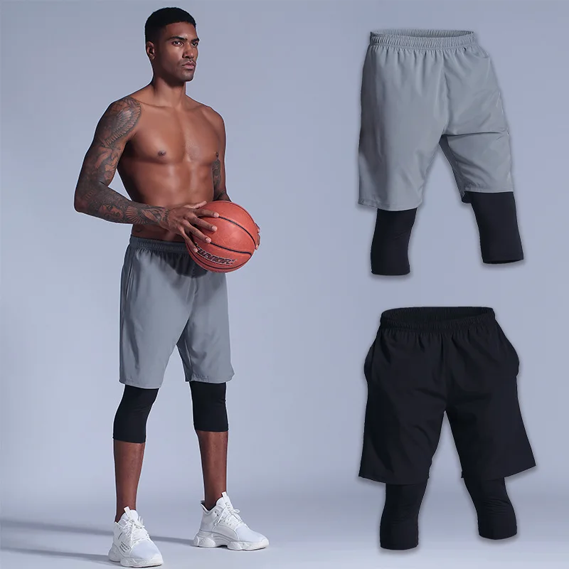 

Custom Logo 2020 New Men's Fitness Gym Running Shorts Men Jogger Double Layer Workout Slim Men Sport Shorts Solid Plus Size, As picture