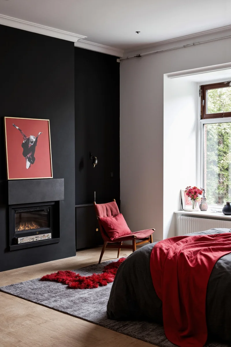 Textured black and red bedroom with velvet and linen