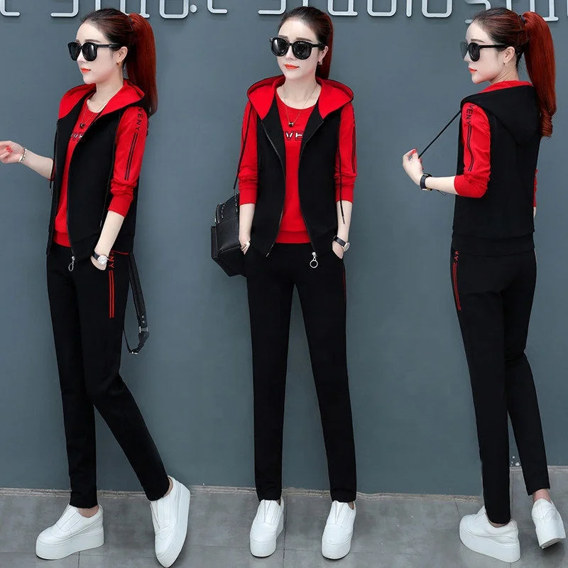 

2020 autumn and winter new women sportswear set fashion casual loose long-sleeved vest three-piece sportswear hoodies for women