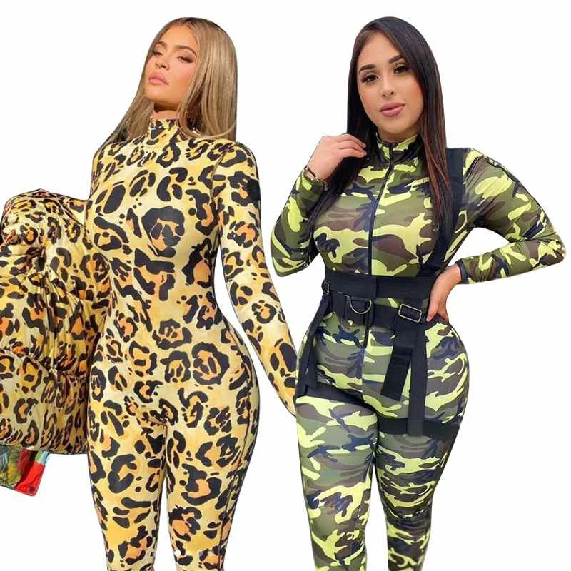 

Casual fashion winter jumpsuit for women long sleeve leopard camouflage printed jumpsuit