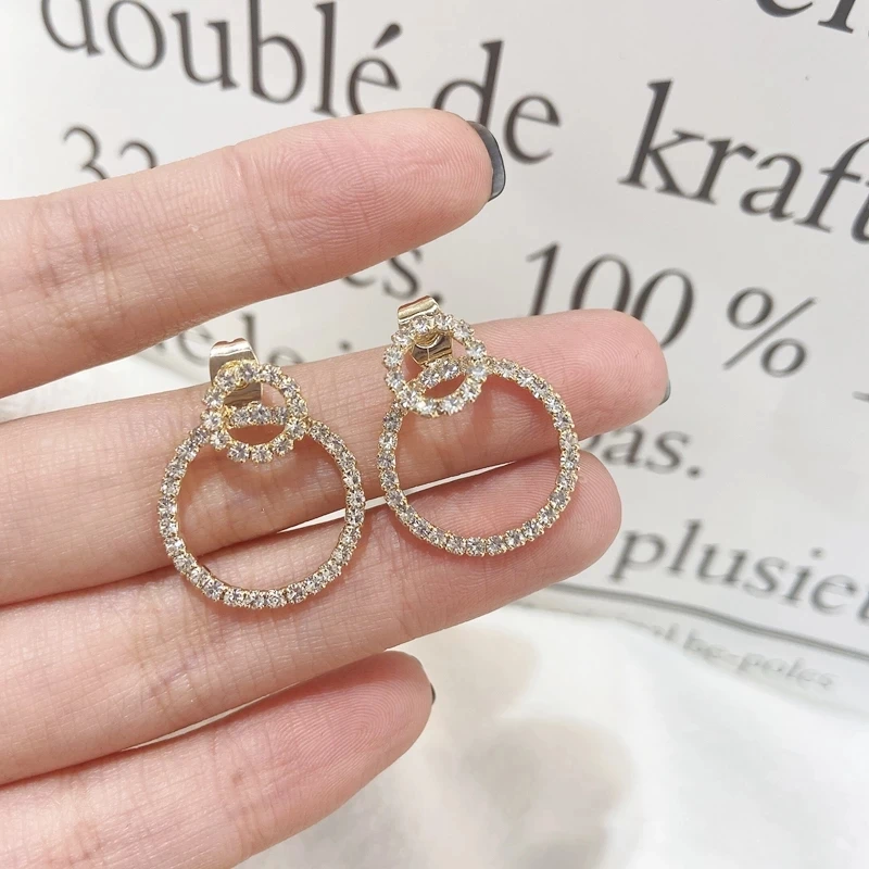 

Valentines Day Cute Micro Paved Zircon Double Round Drop Earrings Crystal Rhinestone Hollow Circle Stud Earring For Party