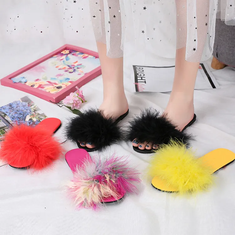 

Fancy luxury women outdoor feather rubber multicolor comfortable furry flat plush ladies fur slide sandal, Yellow,black,red,multi-pink