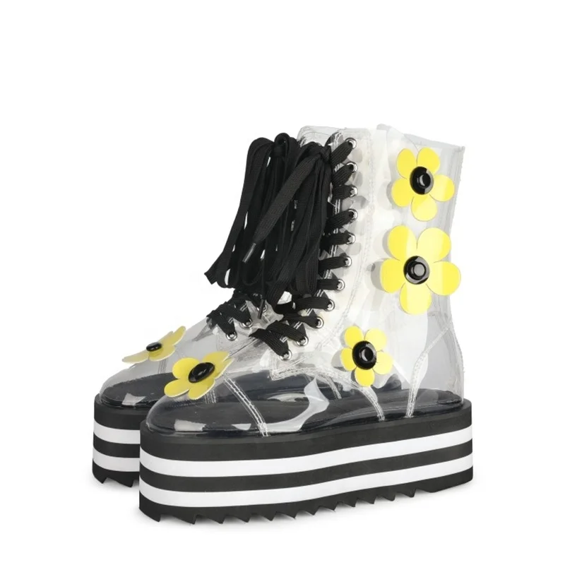 

Girl's Lovely Flower Print Clear Sandal Boots Lace Thick Sole Platform Short Boots Big Size 45 Height Increasing Shoes Women