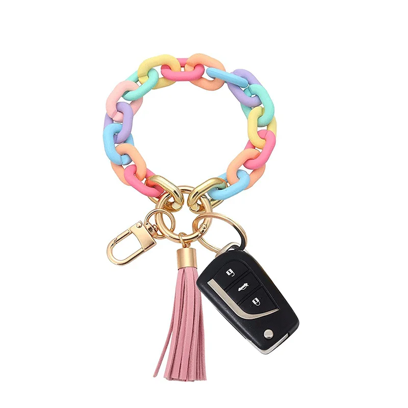 

Hot Selling Colorful Chain Bangle Acrylic Wristlet Bracelet Keychain with Leather Tassel PVC Custom Plastic Zinc Alloy Opp Bag