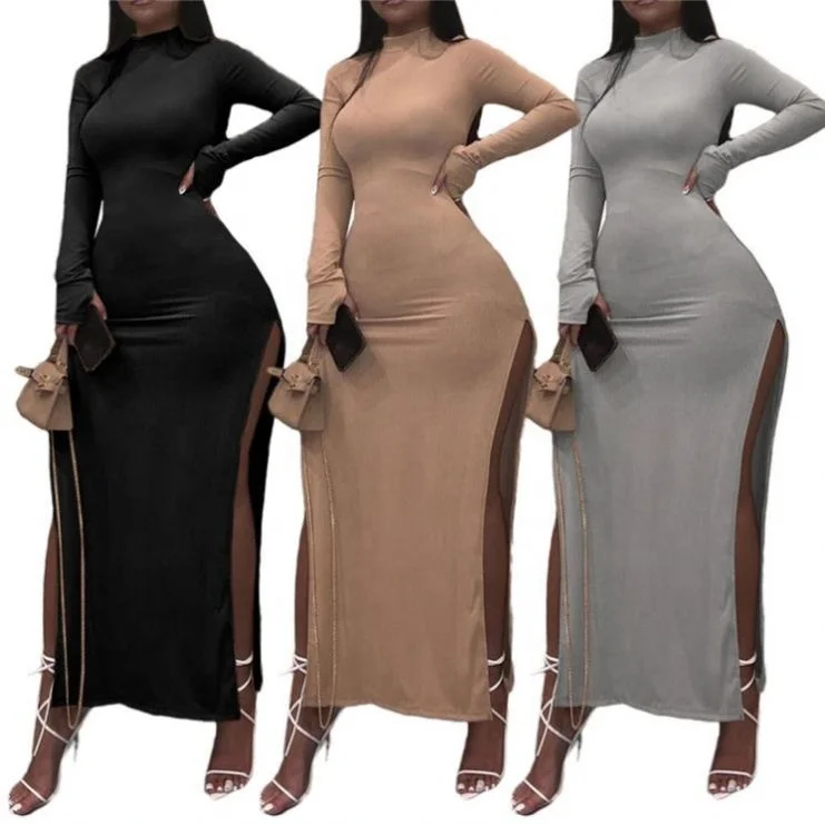 

New Style Turtleneck Solid Color Dress Rib Sexy Slit Ladies' Club Dress Women Elegant Clothes Casual Long Dress