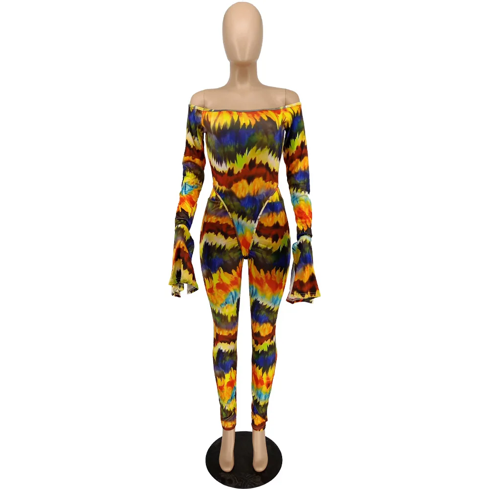

L034 2021 New fashion sexy tight tie dye print long sleeve two-piece set