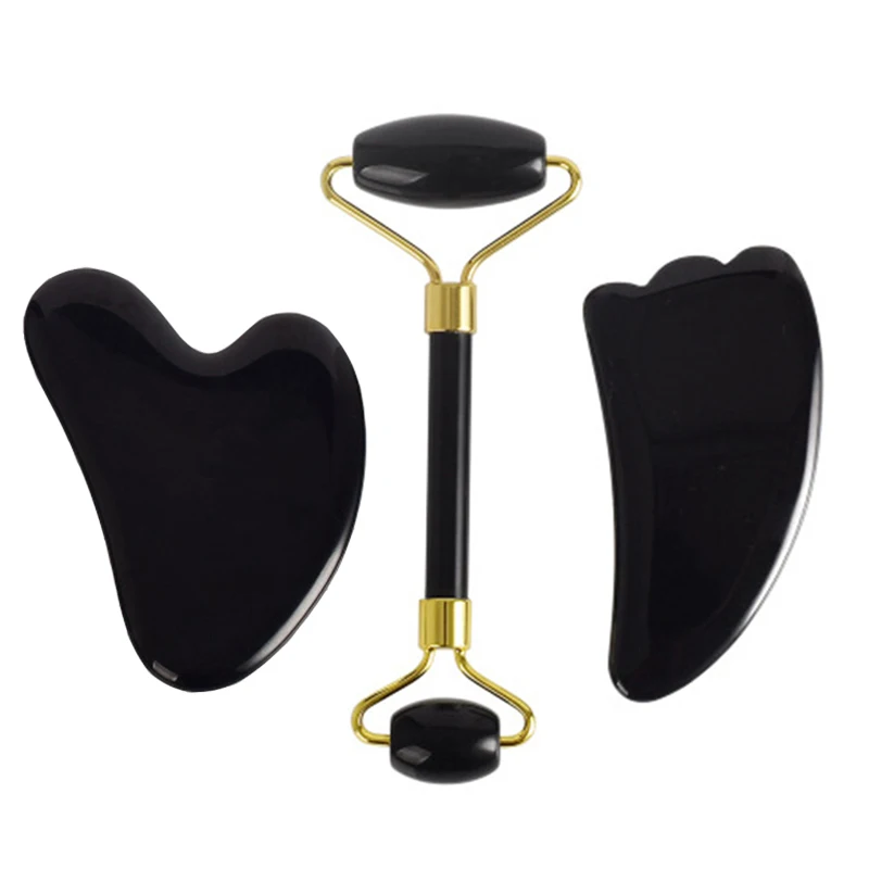 

Private Label Natural Black jade facial roller massage noiseless obsidian jade roller gua sha set with logo