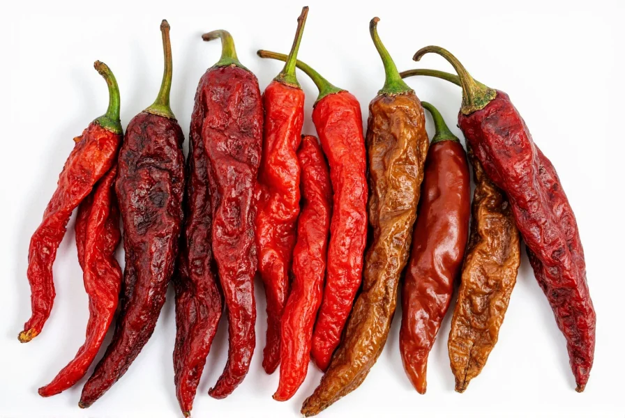 Various dried chili peppers arranged for comparison showing pasilla, ancho, and mulato peppers side by side