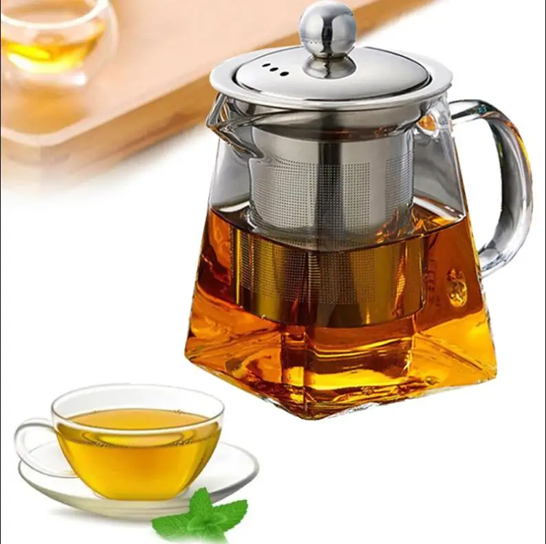 

Heat Resistant Glass Teapot With Stainless Steel Infuser Heated Container Tea Pot Good Clear Kettle Square Filter Baskets, Transparent