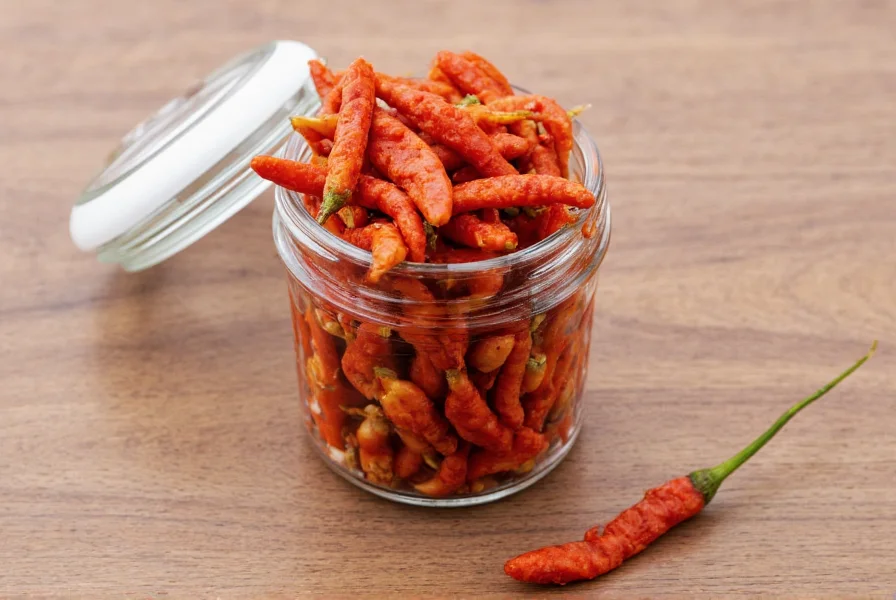 Traditional Sichuan chili crisp in glass jar showing visible crispy chili bits, garlic pieces, and red oil