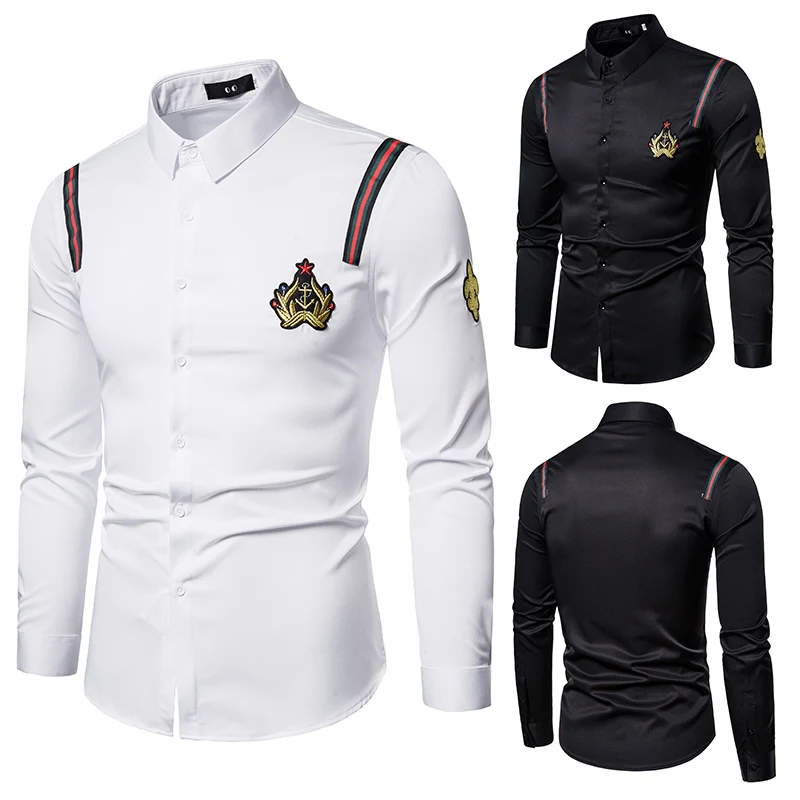 

2020 four season men's business ribbon long sleeve shirt fashion embroidery plus size casual coat