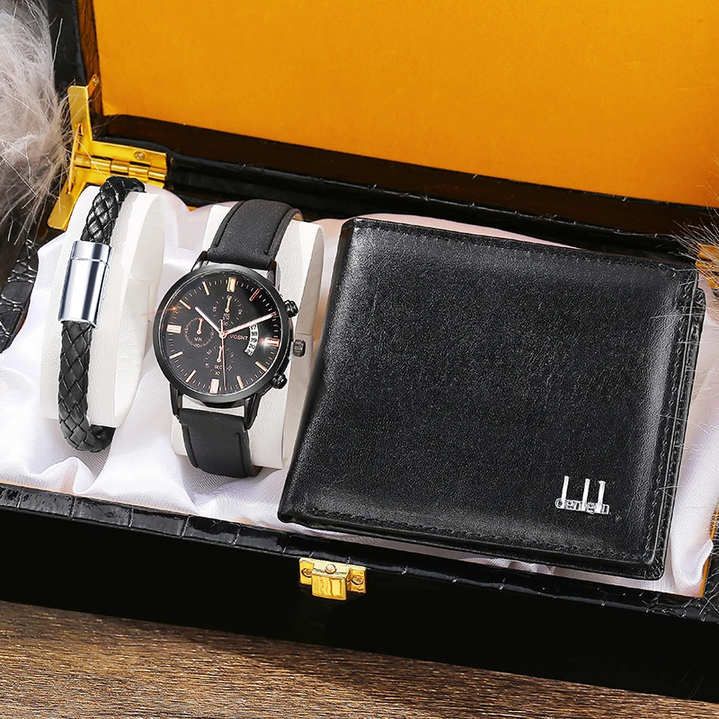 

Sailing Jewelry Men Gift Set Mens Business Quartz Watch PU Bracelet Wallet Set Quartz Watch Sets
