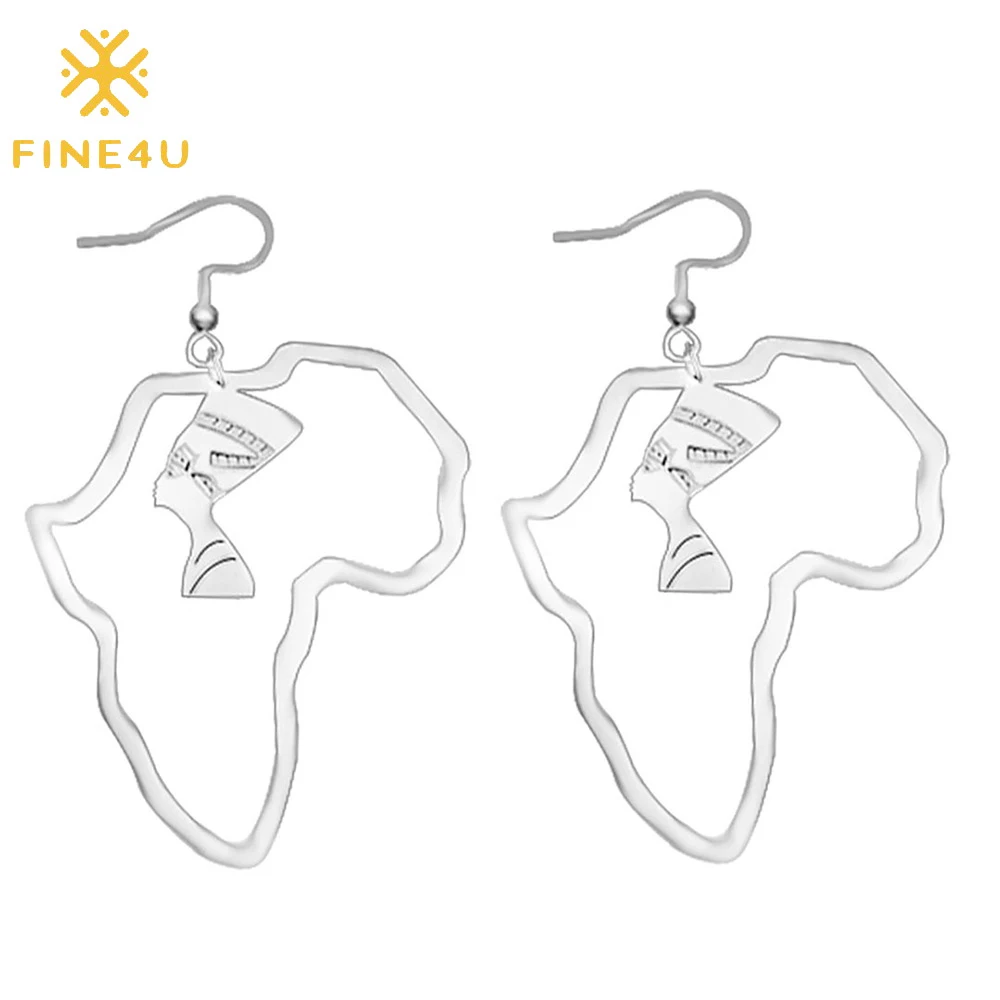 

Popular hollow stainless steel queen dangle africa map hook earrings