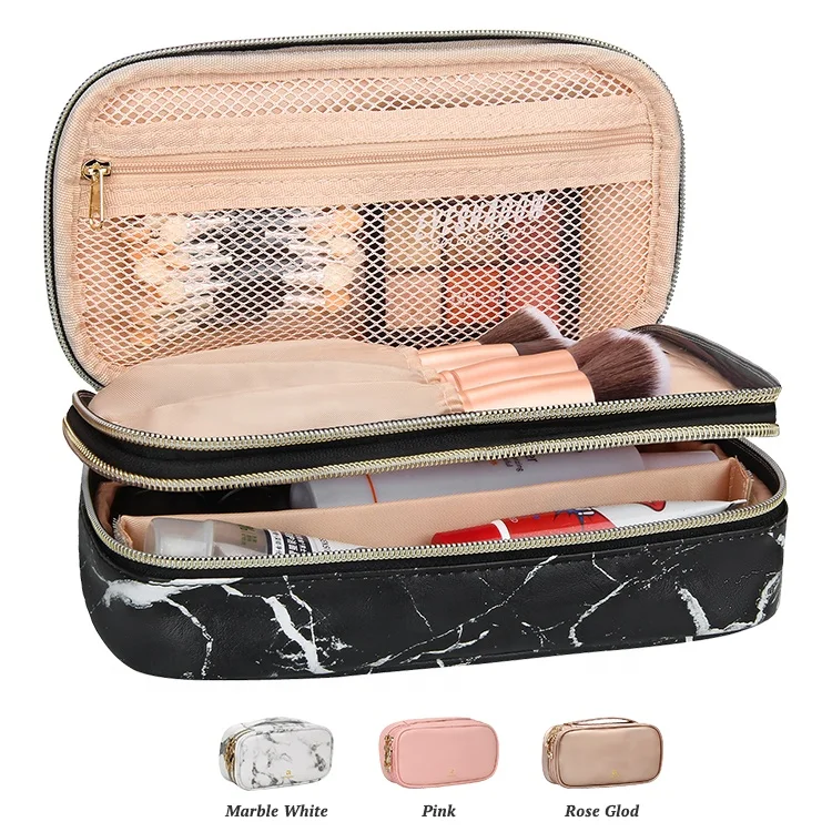 

Relavel Small Black Marble Zipper Dual Layer Compact Travel Makeup Bag Cosmetic Storage Brush Holder Organizers Pouch Case, Marble black