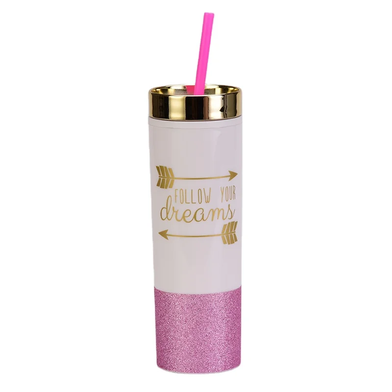 

Wholesale 16oz double wall plastic skinny acrylic customized glitter fabric design tumbler with lid and straw in bulk, Customized colors acceptable