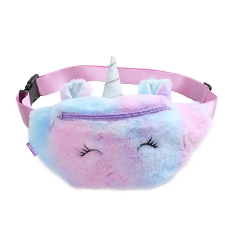 

2021 Fashion Cute Rainbow Unicorn Plush Mini Fanny Pack Kids Bum Bag Waist Belt Bag For Little Girls, Customizable