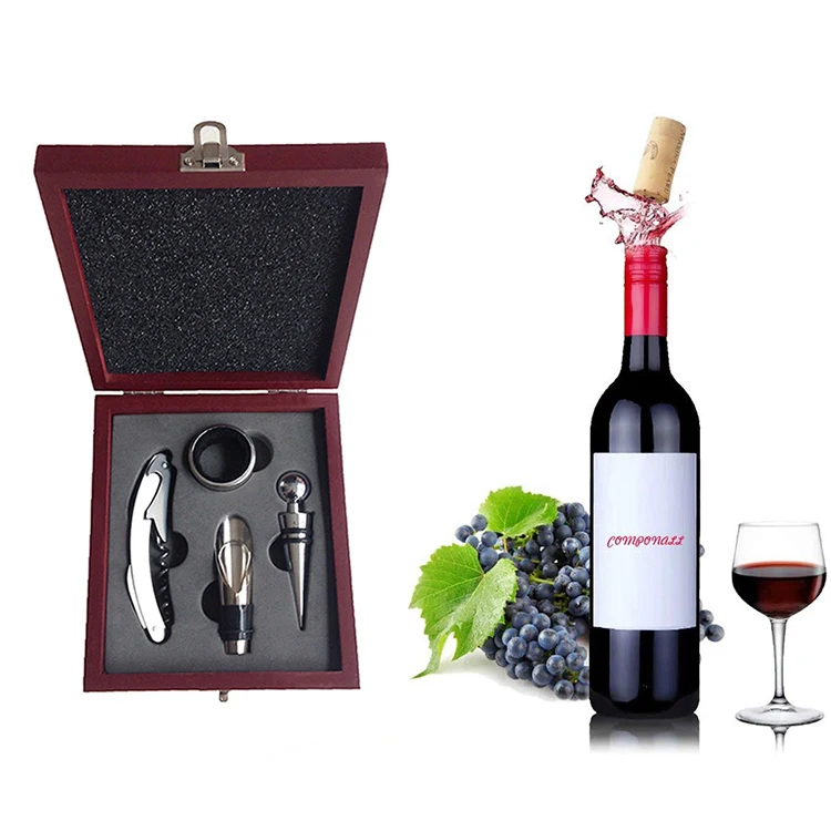 

Top Seller Online Shipping To Bar Accessories Wine Bottle Opener Set 4pcs Corkscrew Kit With Wooden Box, Red