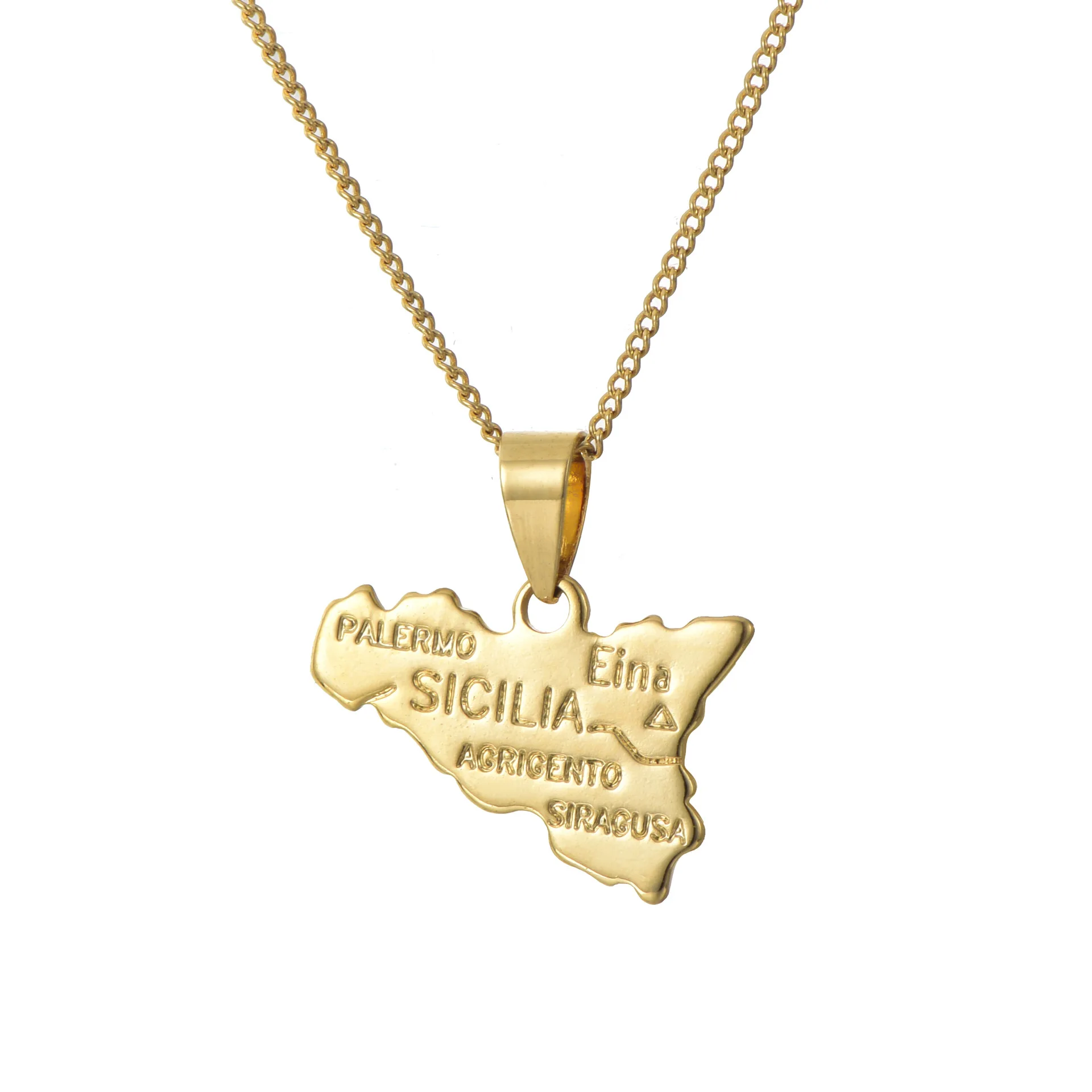 

Luxury Real 18K Gold Plated World Country Map Necklace Lettering Italy Sicily Map Necklace For Party, Picture color