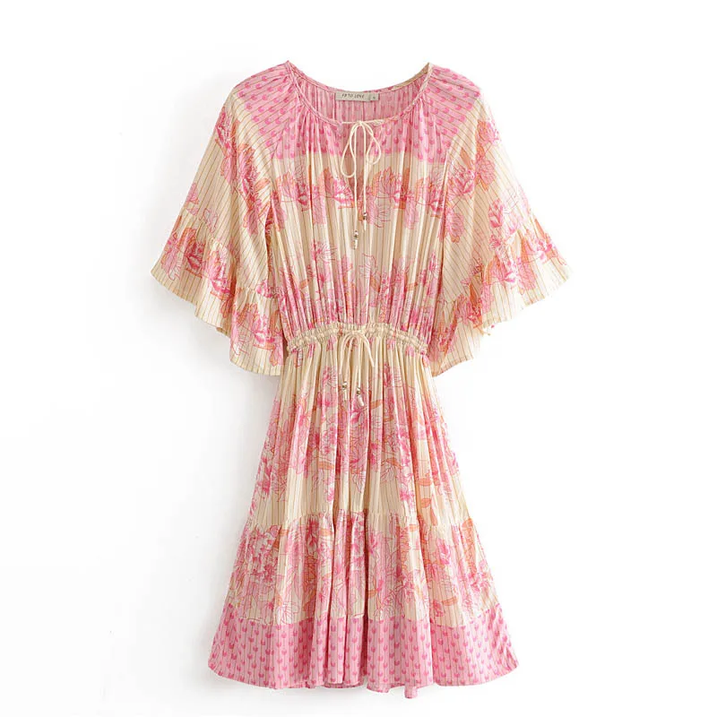 Q6032 Women Pink Leaves Print Drawstring Slim Waist Casual Dress Ladies