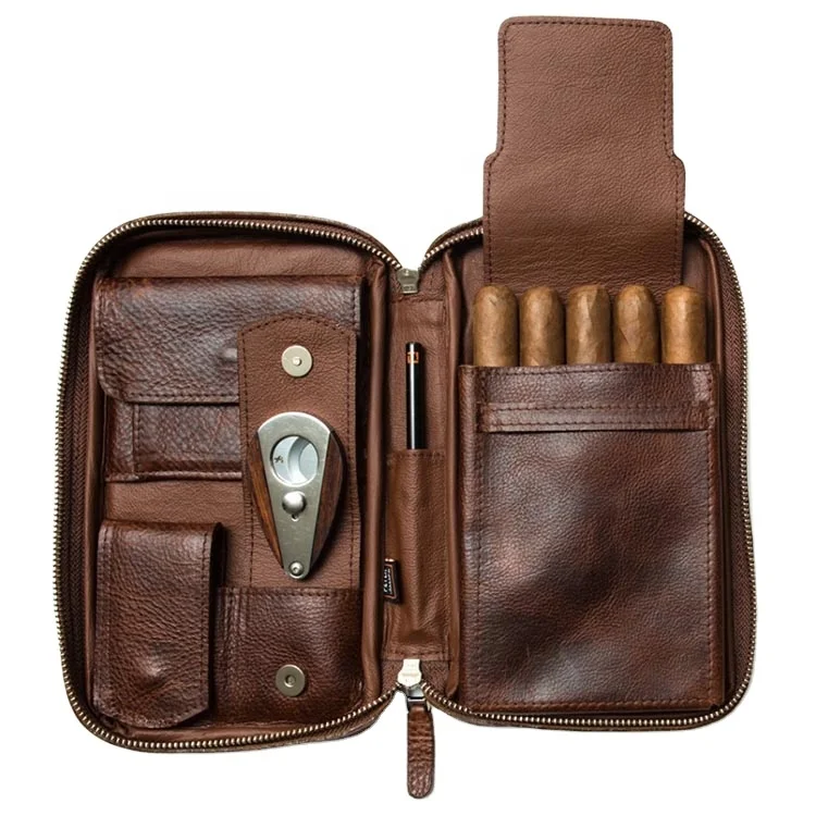 

custom original peter james zip lock travel cigar packaging bag real italian geniune leather pouch cigar case, Black
