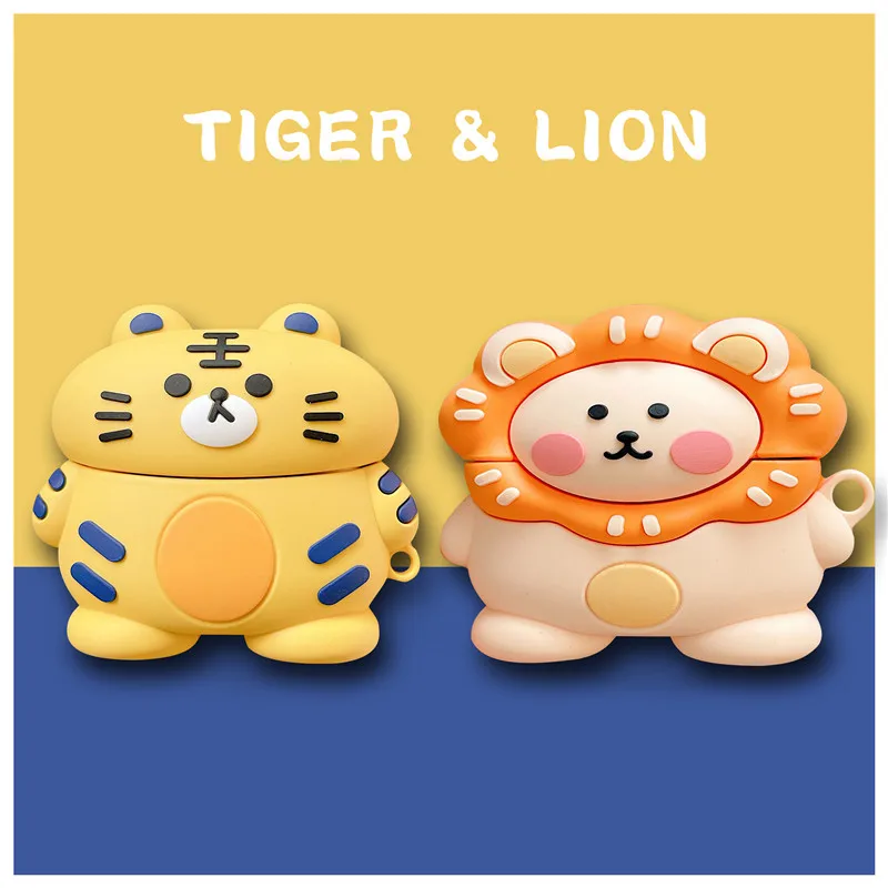

2021 New Cartoon Cute Lion Tiger Silicone Protective Cover Wireless Earphone Silicon Cover Funda for Airpods 1 2 Pro