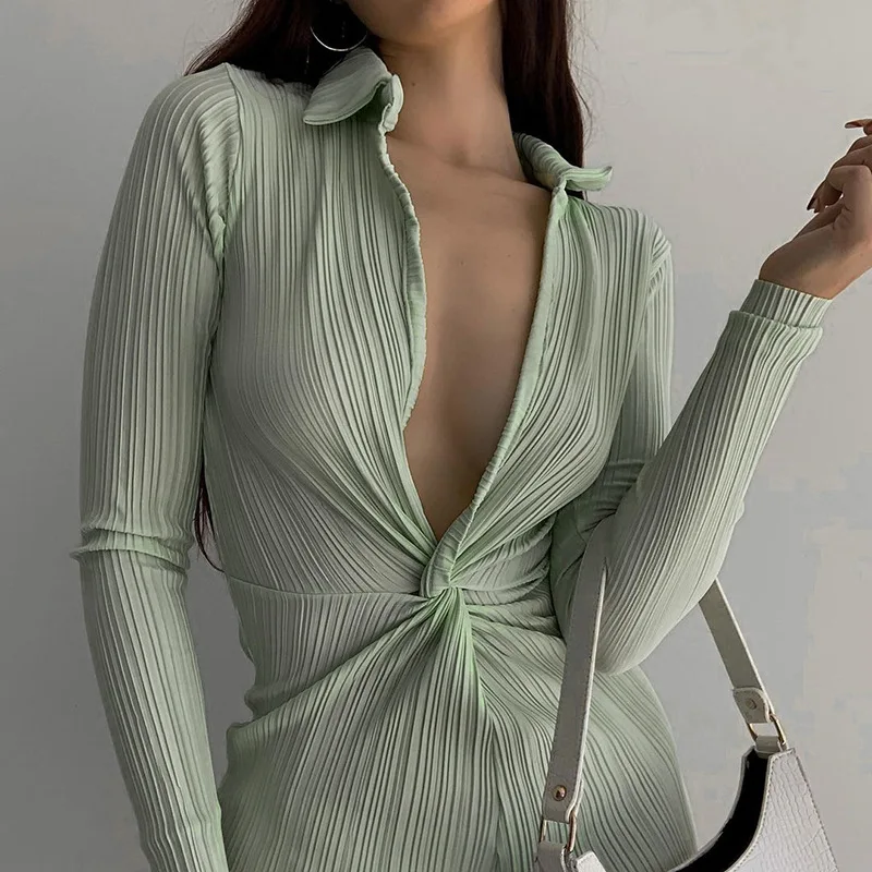 

Prered 2021 New Arrivals Summer Fashion Solid Color Long Sleeve Polo Dress Pleated Deep V-neck Mini Shirt Dress Streetwear