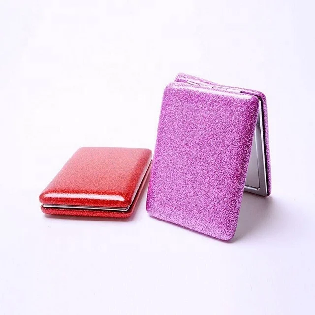 

New Arrival High Quality Foldable Glitter Cosmetic Mirror PU Collapsible Mini Compact Makeup Mirror, Blue, red, purple, silver, gold, black