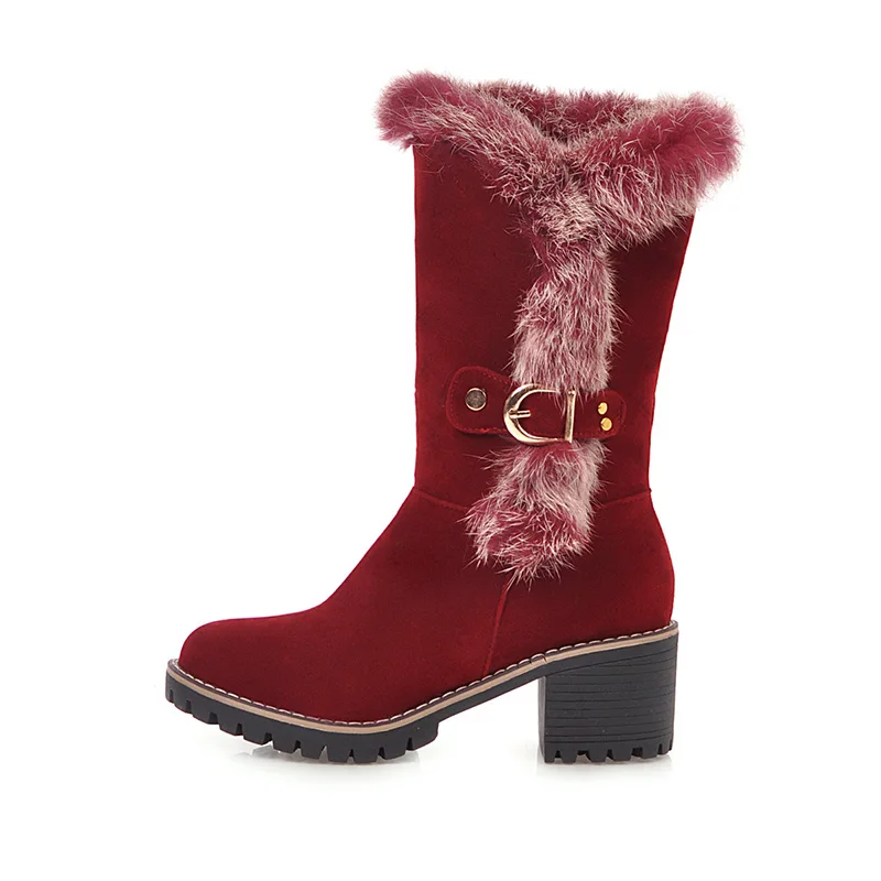 

Winter New Round head stitching Belt Buckle high heeled women's Middle Boot