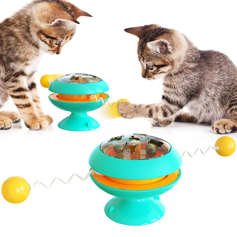 

Custom Windmill Spring Funny Pet Cat Gyro Ball Toy Interactive Turntable Catnip Cat Playing Toy With Powerful Suction Cup, Blue,lake blue,yellow,pink and green