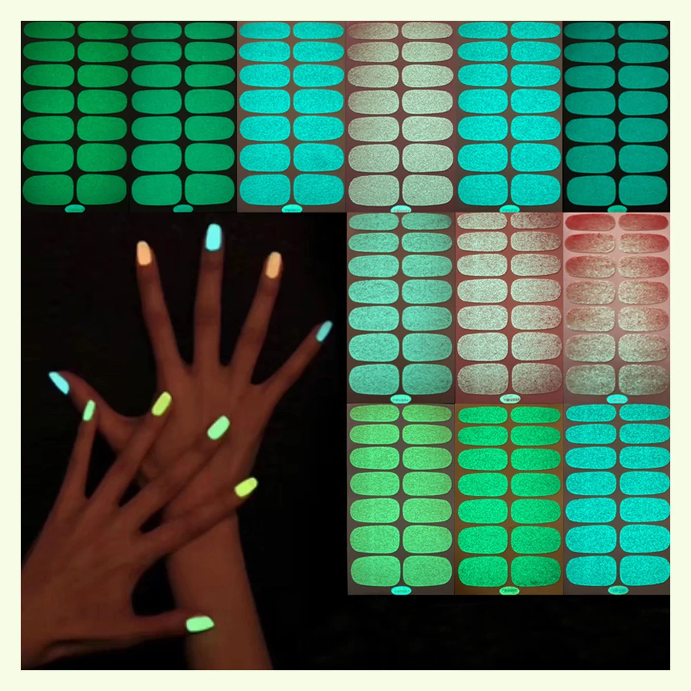 

Glow in The Dark Full Wrap Nail Polish Stickers Luminous Fluorescent Bright Color Nail Strips Self-Adhesive