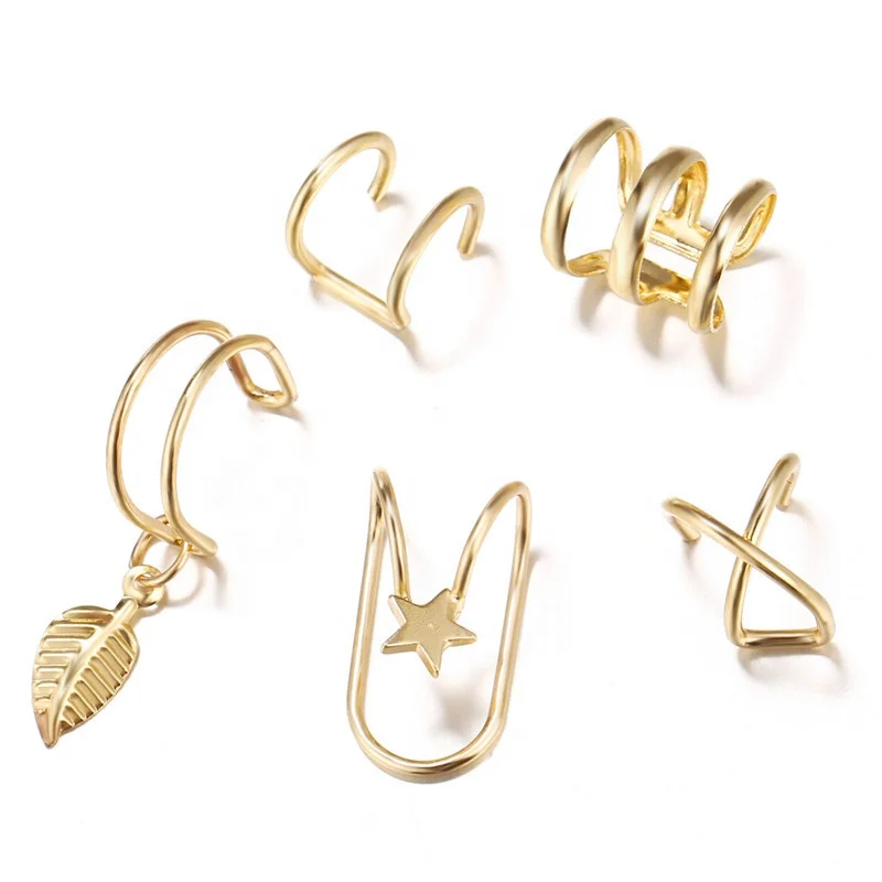 

Fashion Hot selling ear clip set 5-piece creative personality double C cartilage U shaped double earless hole ear stud, 2 colors