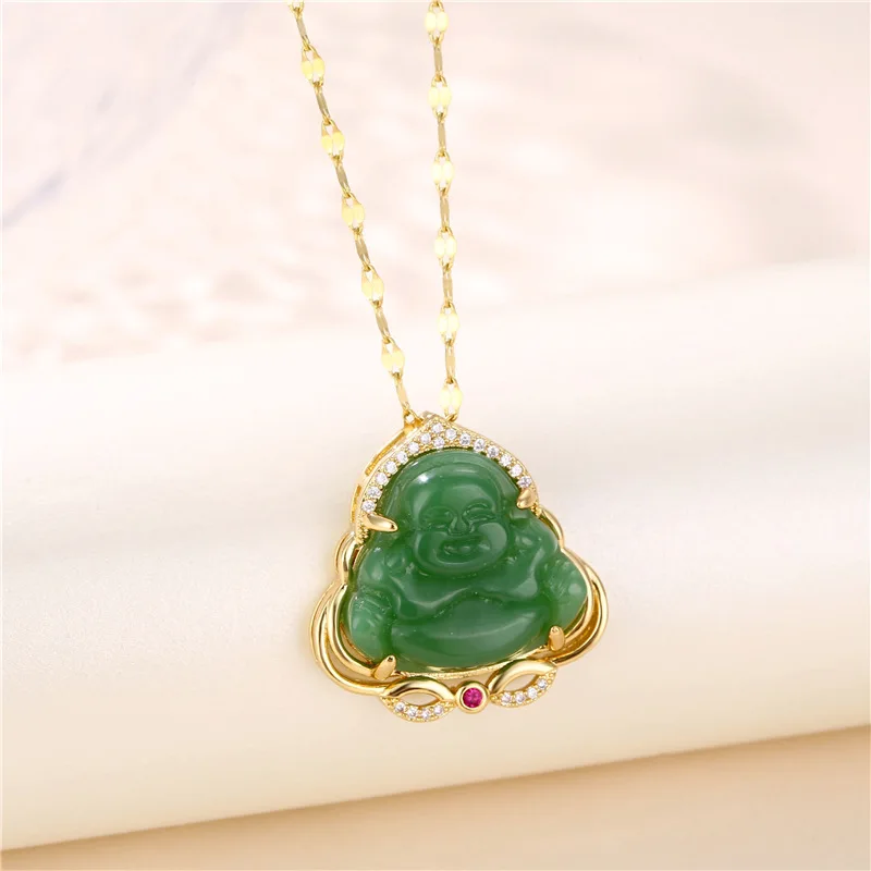 

Newest Arrival Stainless Steel Chain Korean Jade Buddha Pendant Necklaces Diamond Inlaid Big Belly Maitreya Buddha Necklaces