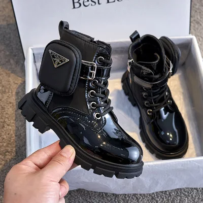 

Hot selling side zipper new fashion leather boots for girls boots with black cool small bag