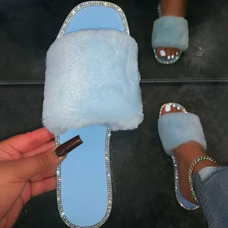 

Gem-embellished open toe women fluffy slides slippers summer fashionable girls fuzzy mules outer wear female fur sandals