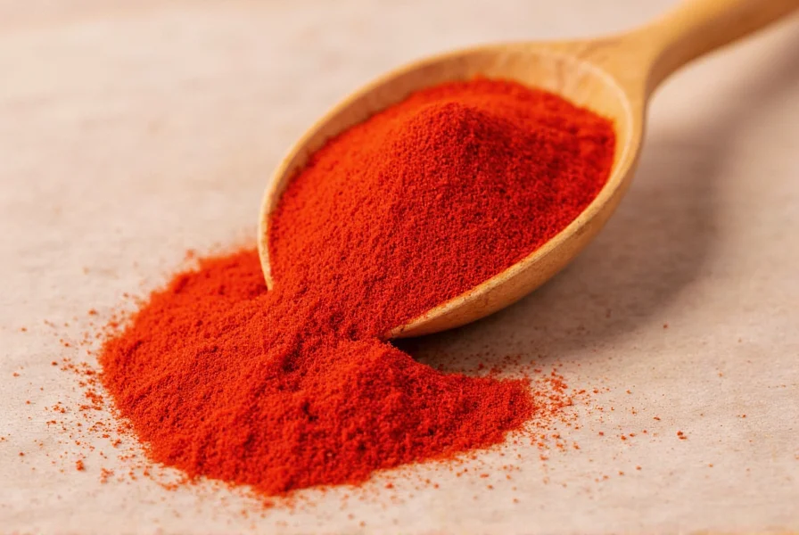 Close-up of cayenne pepper flakes with phonetic pronunciation guide overlay showing kai-EN