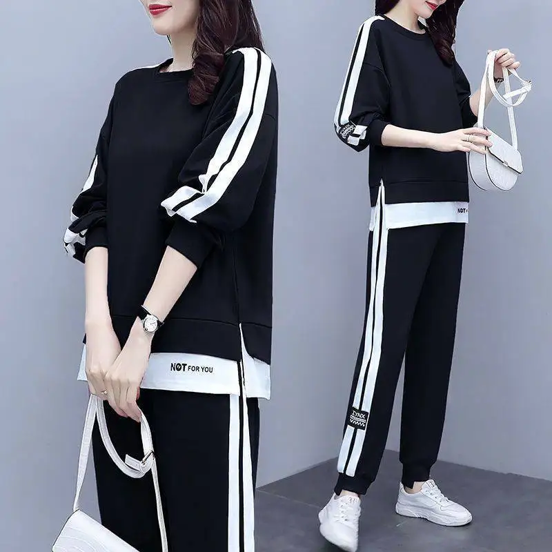 M-5XL Large Women's Sports Set Two Piece Set of Casual Sportswear Long Sleeved Pullover With Elastic Waistband and Long Pants