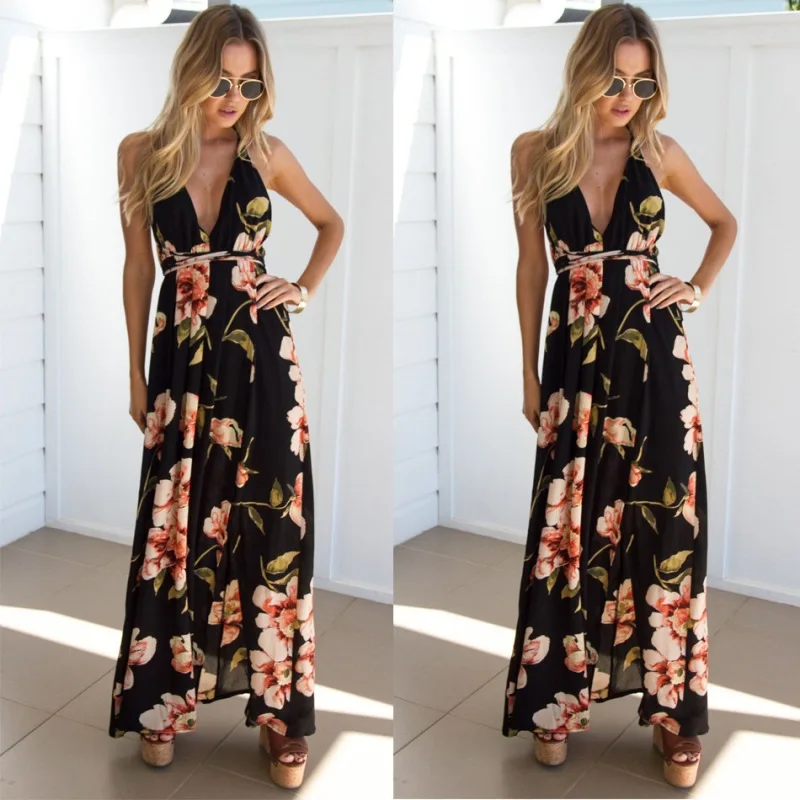 

WW-1198 Fashion Sleeveless Chiffon Printing Splicing Long Dress Long Chiffon Printed Dress Women, Customized color