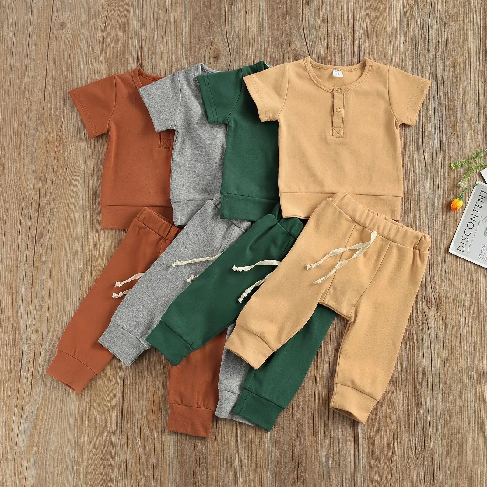 

summer new solid homewear boys clothing sets kids 2pcs set infant boy children kid pajama, Yellow gray green chocolate