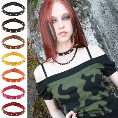 

Punk Harajuku Spiked Rivets Choker Necklace Cosplay Goth Rock Jewelry EMO Leather Necklace, 14 color