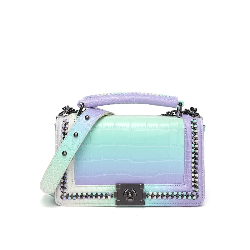 

2021 New fashion ladies handbags pu leather wholesales lady bags luxury crocodile pattern gradient women chain crossbody purse, Rainbow