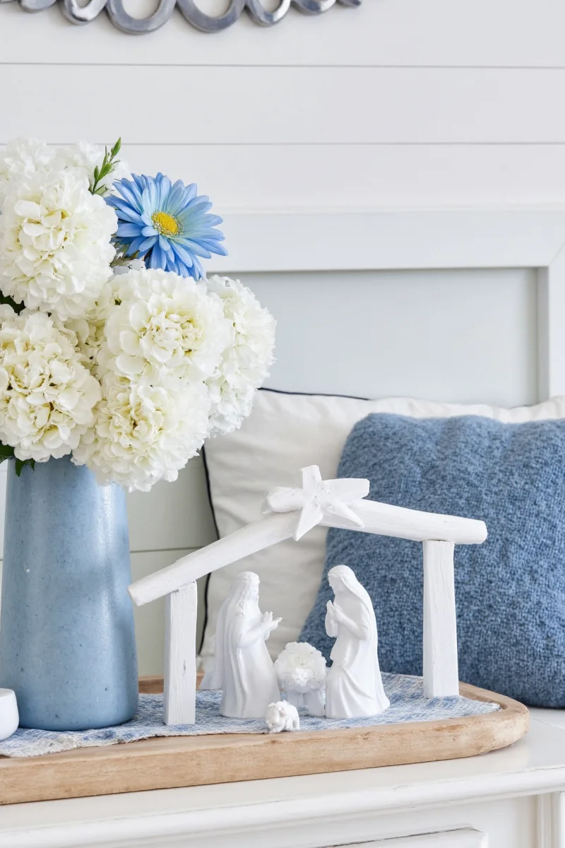 Different styles of blue and white nativity sets