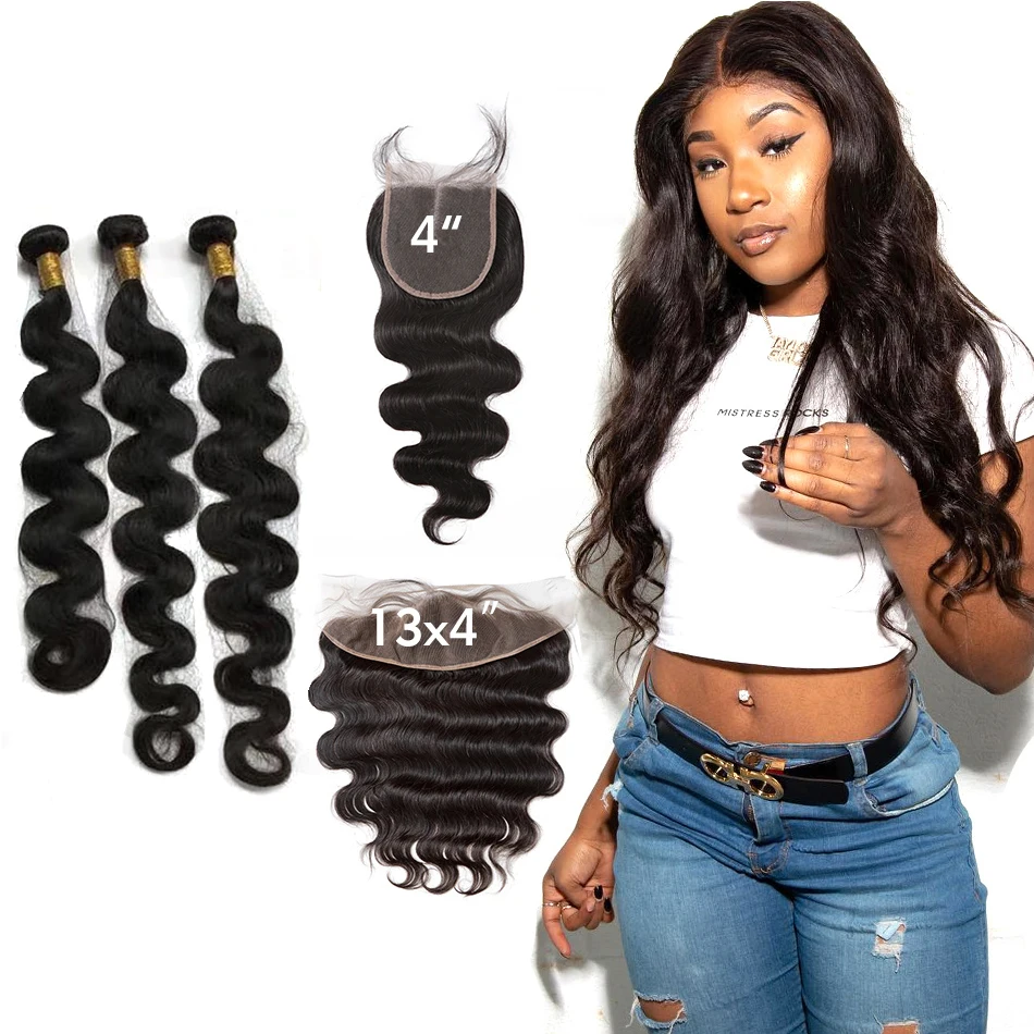

Brazilian Hair Weave 3 4 Bundles With 13x4 Lace Frontal and Closure Remy Body Wave 100% Human Hair
