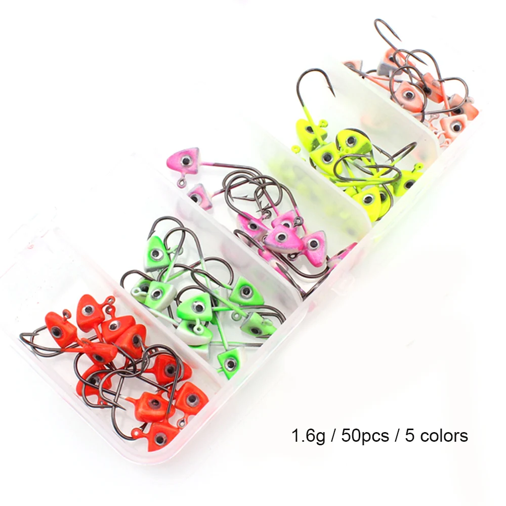 

50pcs/box 3D eyes Jig Head Fishing Hooks Colorful Lead Fishing Lures Bait Hook Fish Tackle Soft Bait Worm Hooks