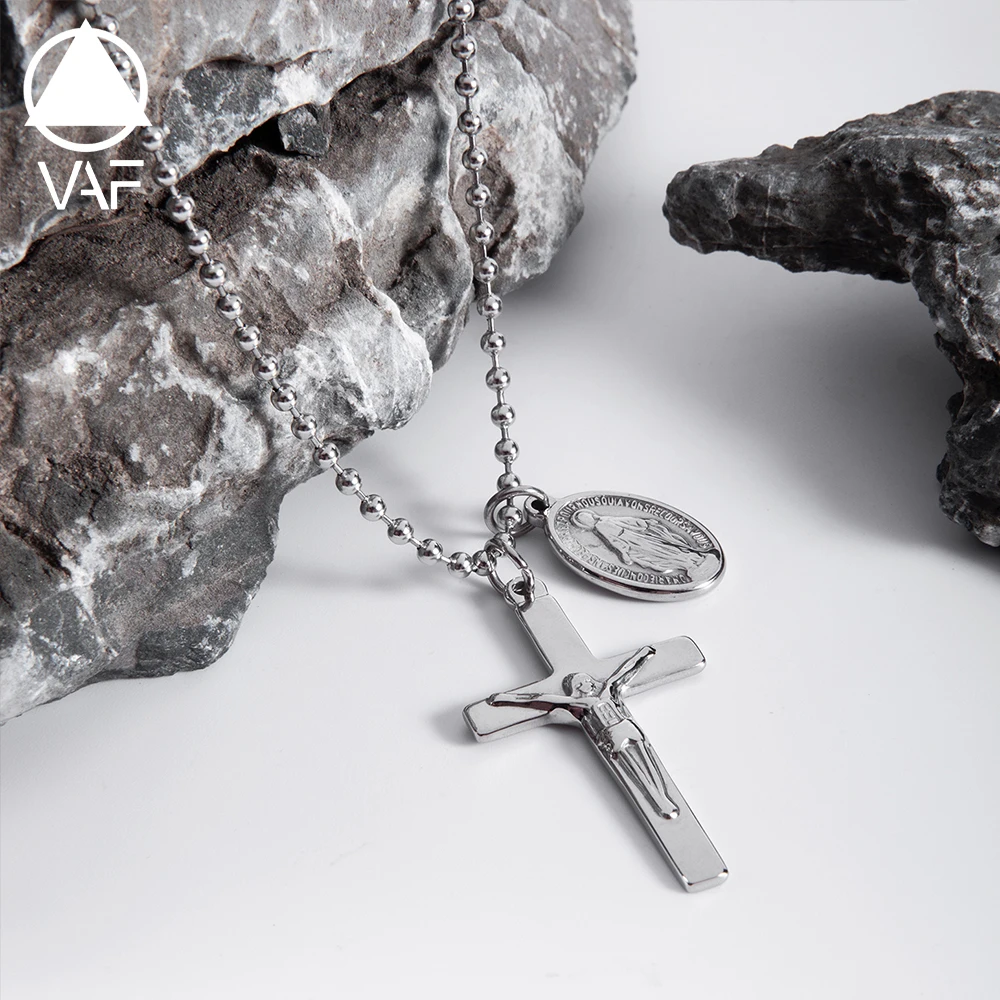 VAF CLASSIC 60CM Jesus Virgin Mary Cross Pendant Necklace Stainless Steel Jungfrau Maria Vierge Collar Colgante